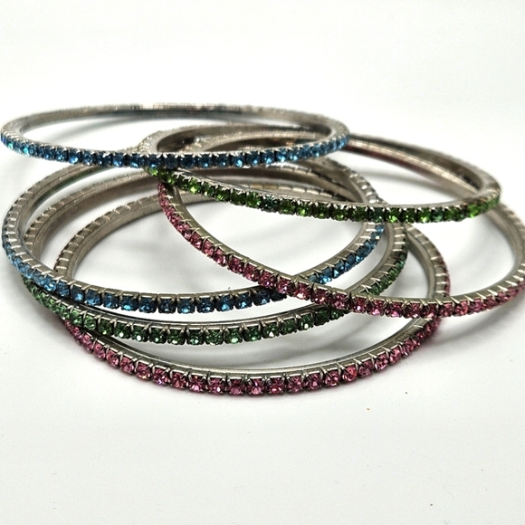 VINTAGE Channel Set 80s Rhinestone Metal Bangle Bracelet Set 6 Pink Blue Green - Picture 4 of 7